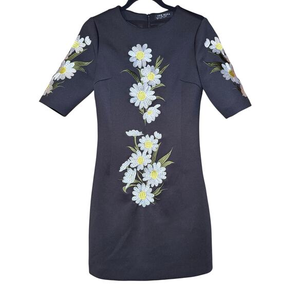 Few Moda NY Black Daisy Embroidered Dress - Chic Floral Mini Cocktail Dress - Picture 2 of 9